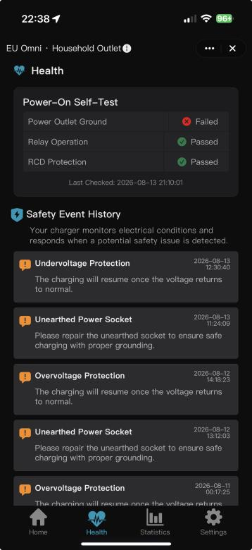 SmartApp self-test results and safety-event history