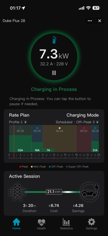 SmartApp live charging screen with rate plan and charging schedule